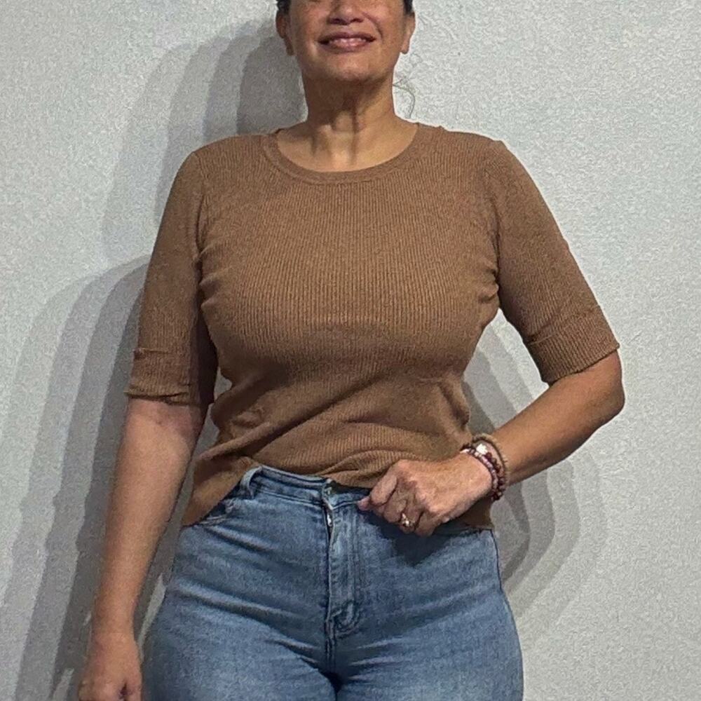 White House Black Market Brown Ribbed Short Sleeve Top Sz M